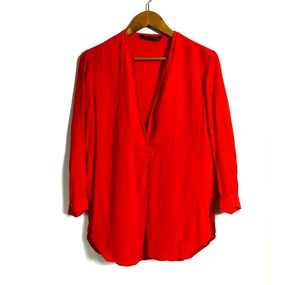 ZARA Red Orange 3/4 Sleeve V-neck Work Dressy Draped Blouse